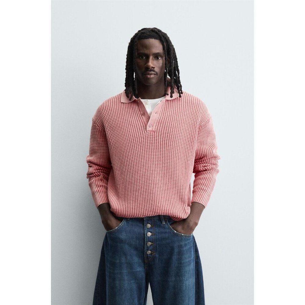 Zara Mens Polo Shirt Sweater M Pink Washed Waffle Knit Cotton 3920/249 NWOT
